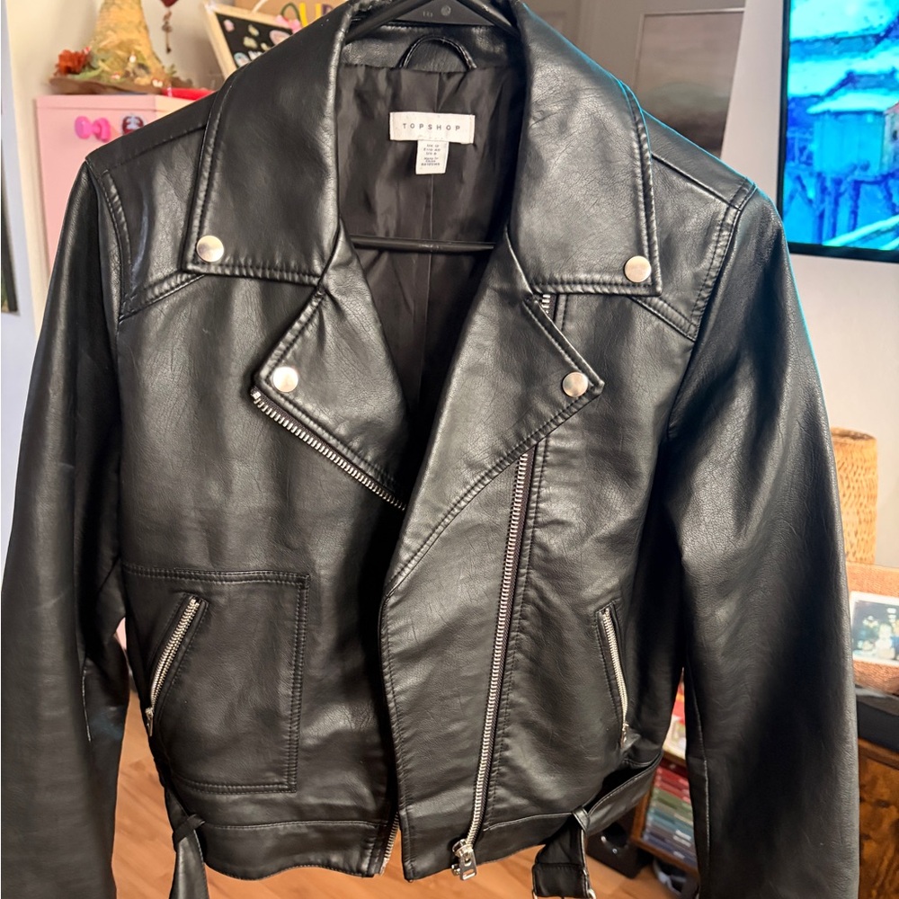 Topshop black leather moto jacket with belt
